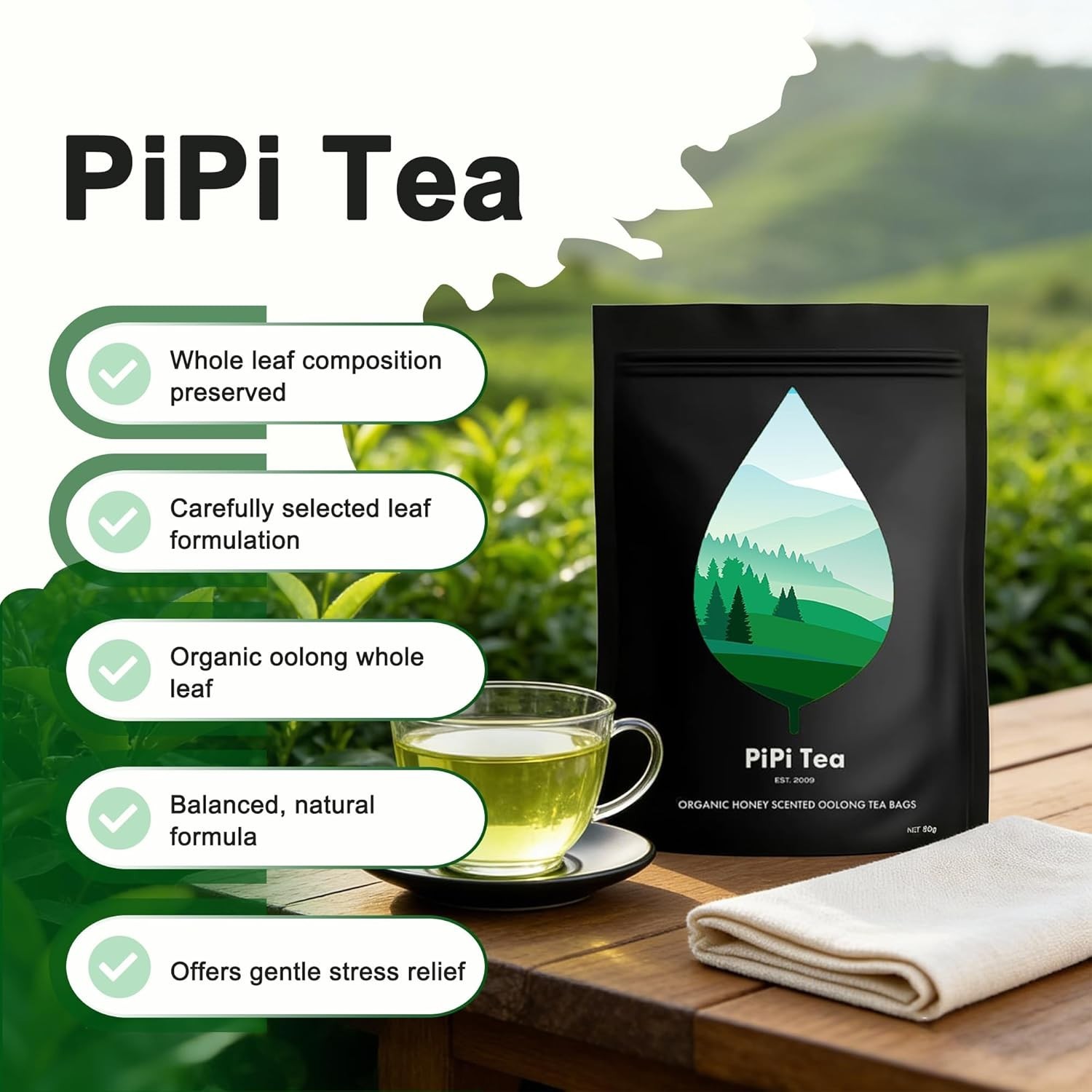 PiPi Tea Organic Oolong Bags – Whole Leaf, 20 (4g Each)