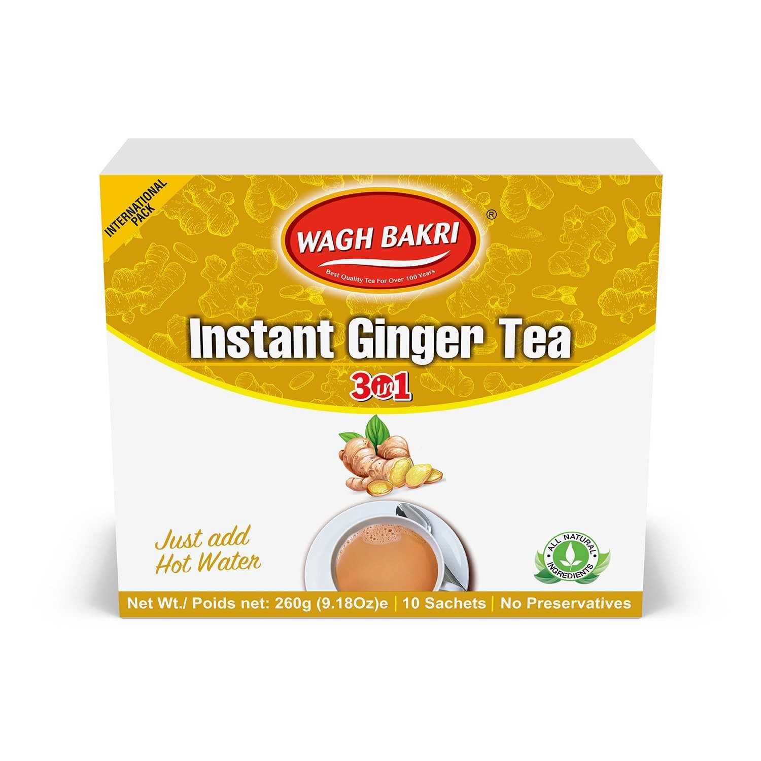 Instant Ginger Tea, 3 in 1, Just add Hot Water – 260 grams, 10 Sachets, Stirr…