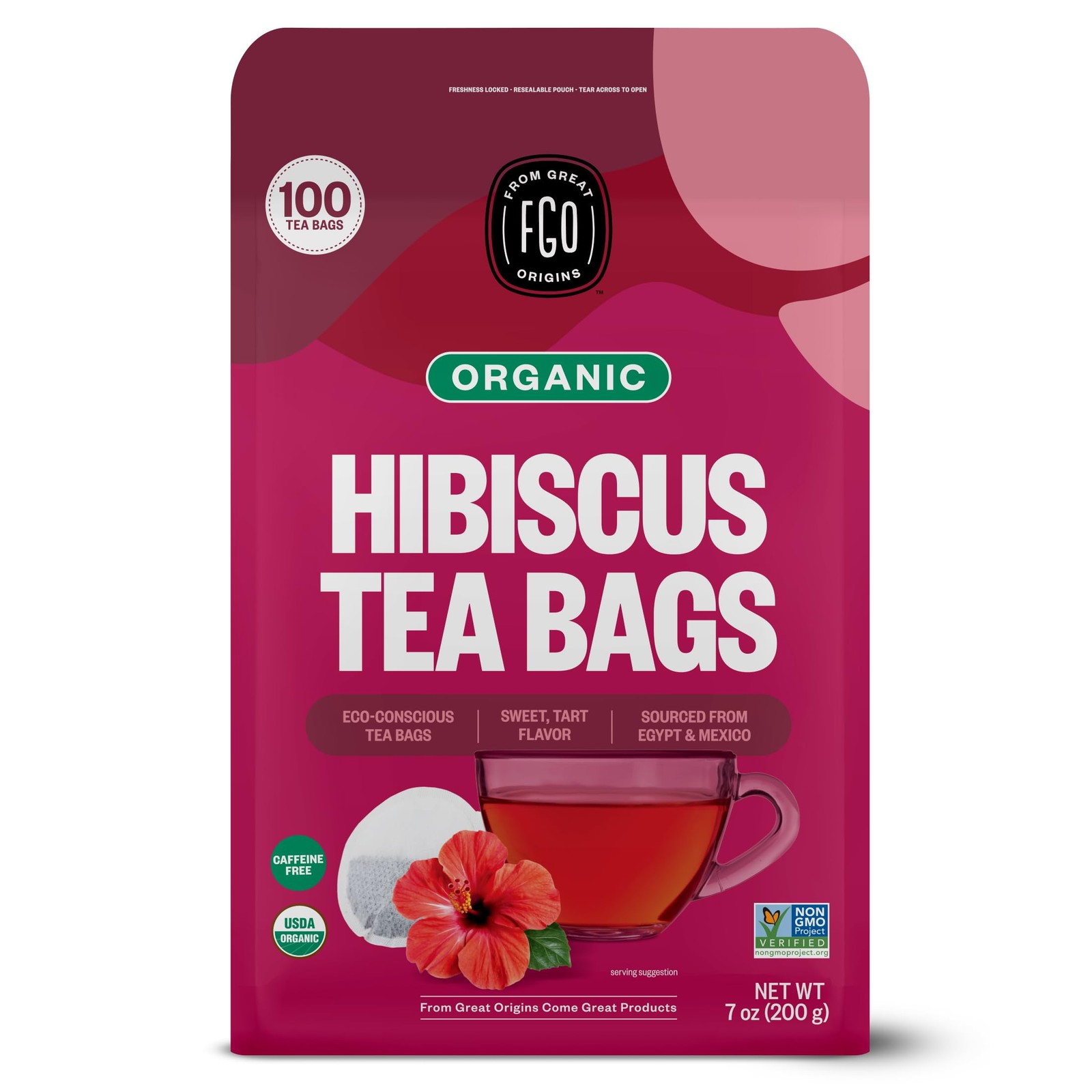 Organic Hibiscus Tea, 100 Count, EcoConscious Tea Bags, Caffeine Free, Packag…