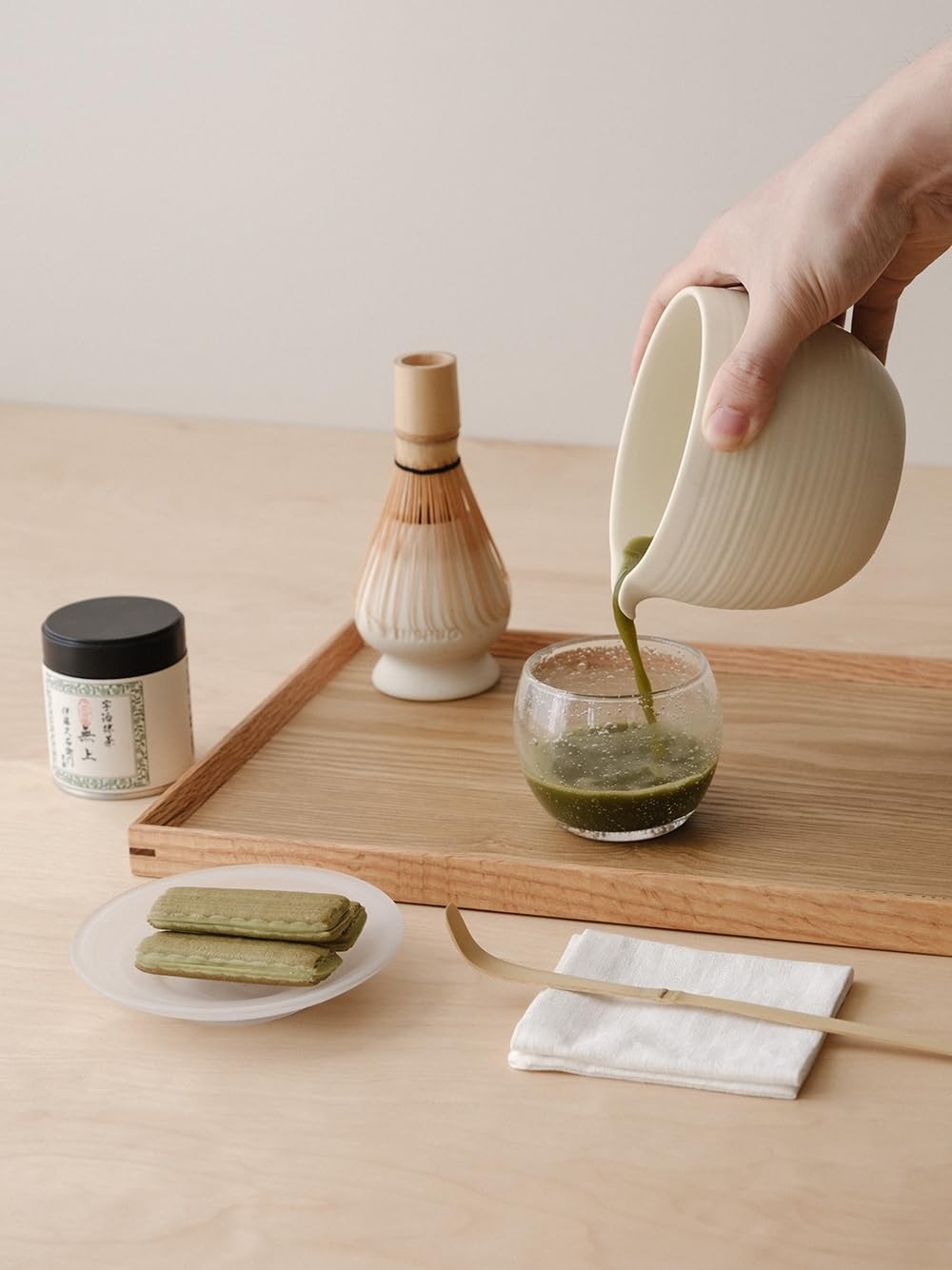 WENSHUO Matcha Whisk Sets (Matte Crème) with Wooden Tray and Ribbon Gift Box …