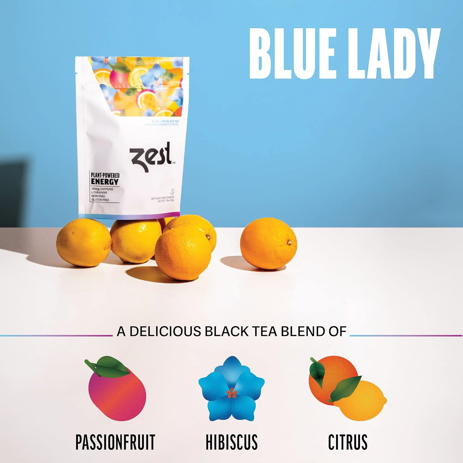 Zest 150mg High Caffeine Energy Leaf Blend – Blue Lady Black Tea – 20 Pack Bag –