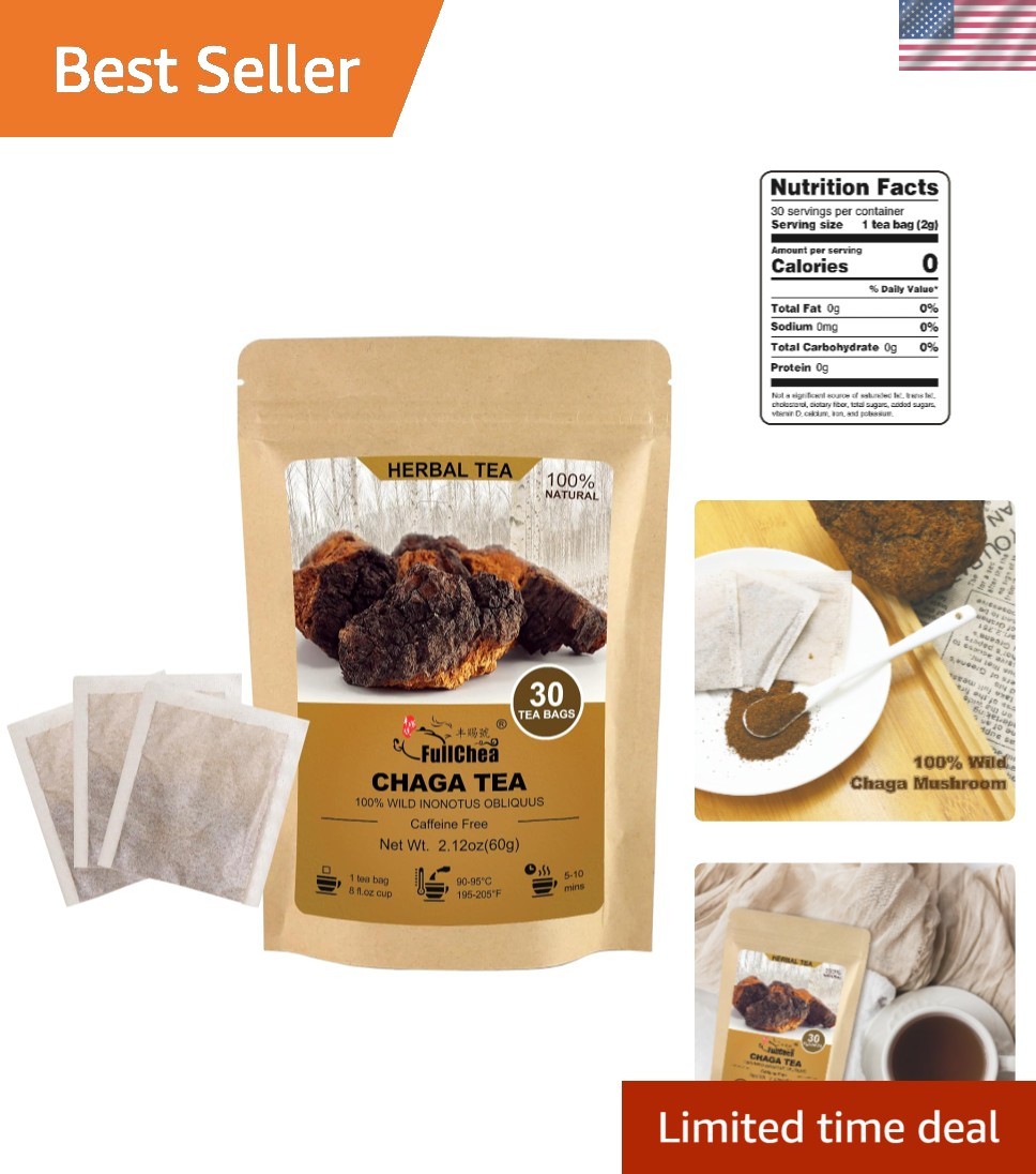 Chaga Mushroom Tea Bags, 30 Count – Rich in Antioxidants & Conveniently Packaged