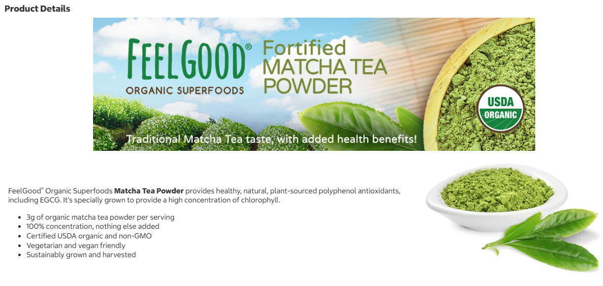 FEELGOOD Organic Matcha Powder 16oz USDA Organic Non-GMO Vegan 151 Servings