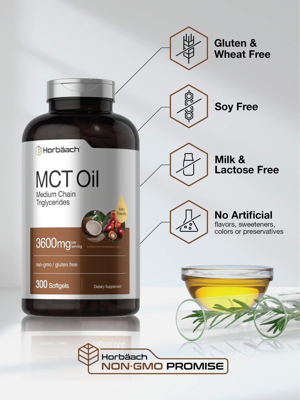 Horbäach MCT Oil Pills | 3600mg | 300 Softgel Capsules 300 Count (Pack of 1)