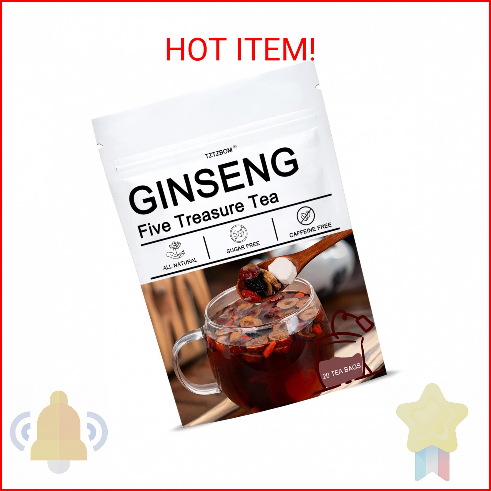Ginseng Five Treasure Tea, 20 Teabags, Kidney Tea Formula Ginseng Six Treasure T
