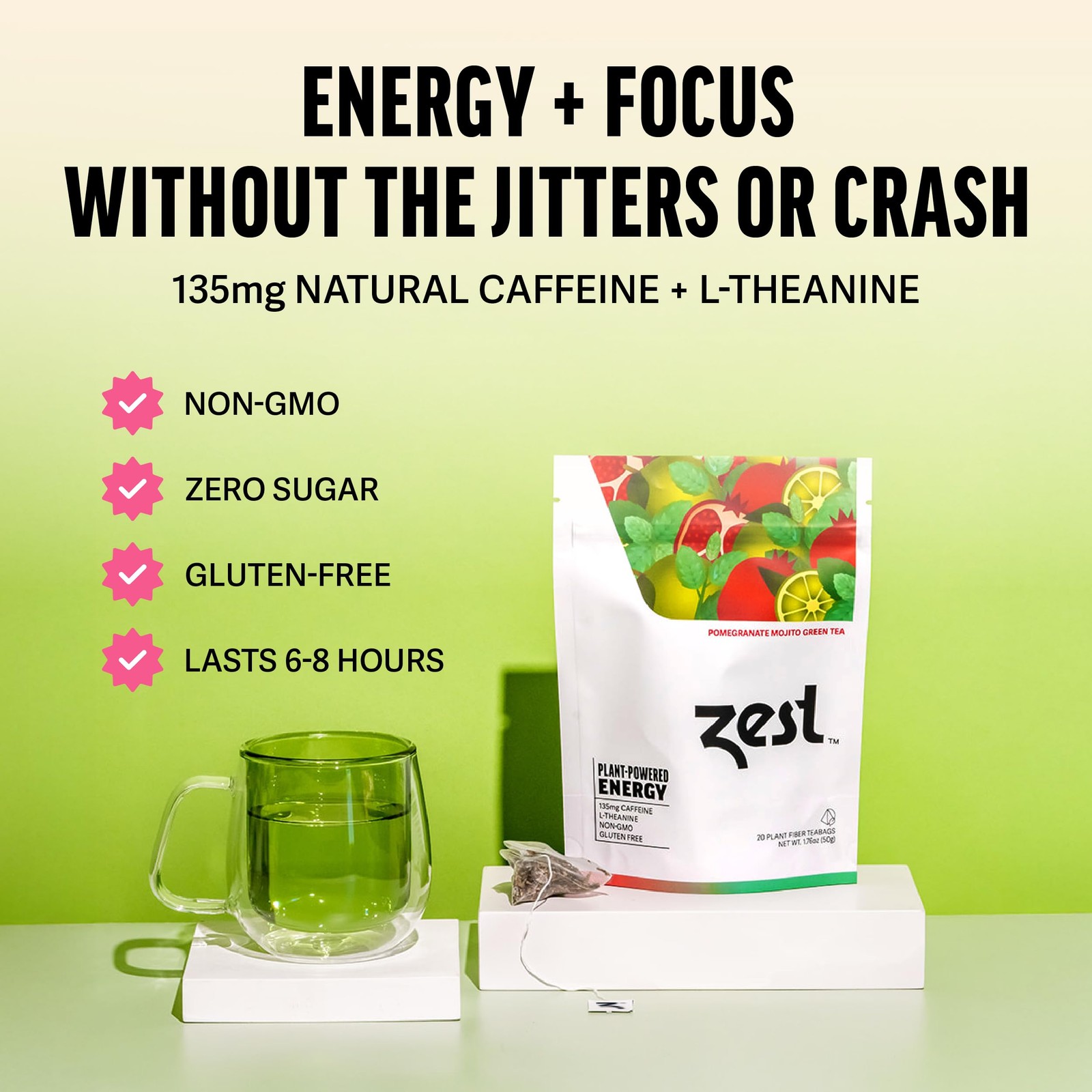 Energy Green Tea – Pomegranate Mojito High Caffeine Tea Bags for Focus & Morn…