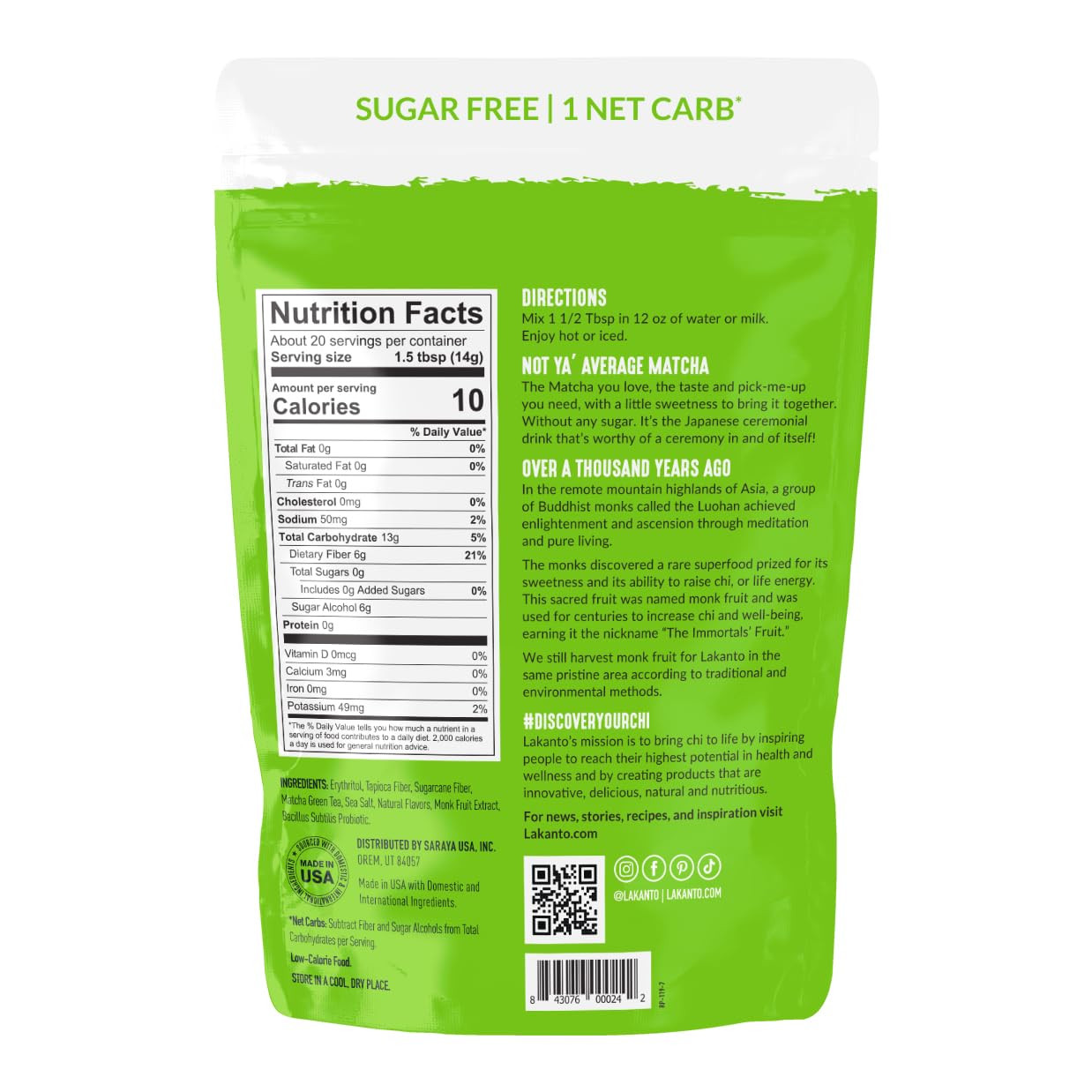 Lakanto Matcha Green Tea Powder 10oz Vegan Sugar Free Gluten Free Antioxidants