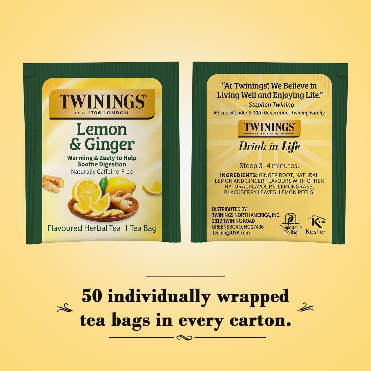 Twinings Lemon Ginger Herbal Tea Bags 50 Count Caffeine Free Brew Anytime