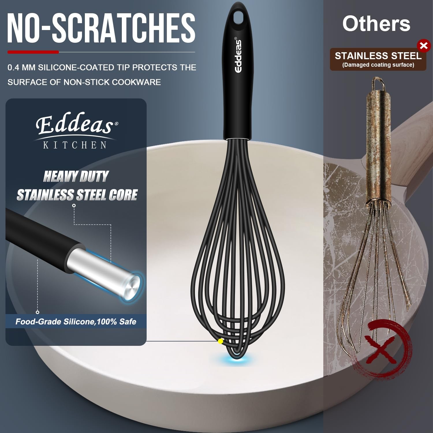 Whisks For Cooking – 500 °F Heat Resistant Silicone 7+9+11 inch, Black 3Pcs
