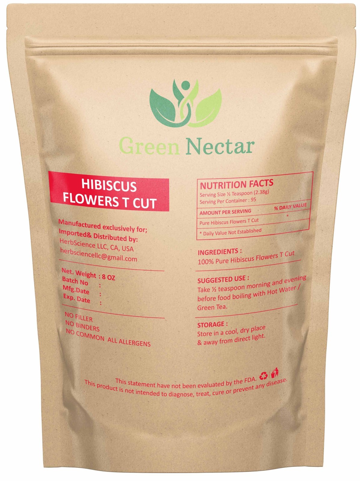 Hibiscus Flowers Tea Cut (Crushed, Dried, 8 OZ) – No Preservatives(1 pack)