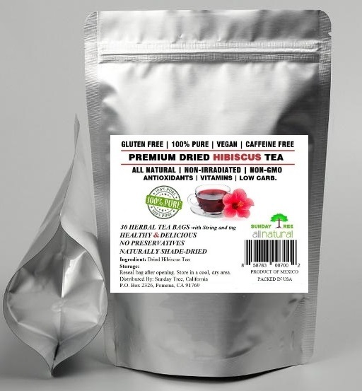 Hibiscus Tea 30 Bags 100% Natural Premium Antioxidant Rich Tea Resealable Pouch