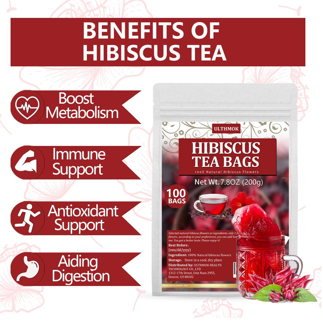 Premium Hibiscus Tea Bags,100 Tea Bags/7.06 Oz,100% Pure Dried Hibiscus Flower,N
