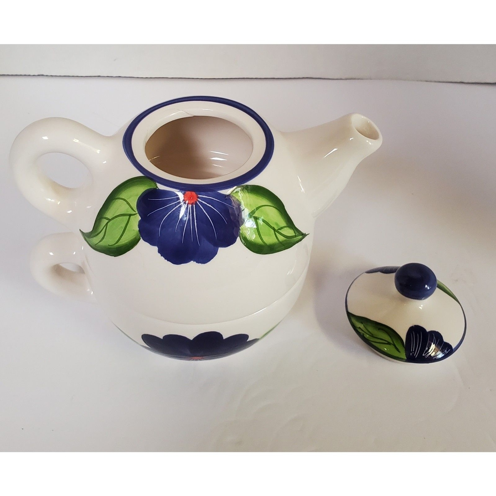 Tea Pot 3 Piece Single Serve Ceramic With Hand Painted Blue Violets