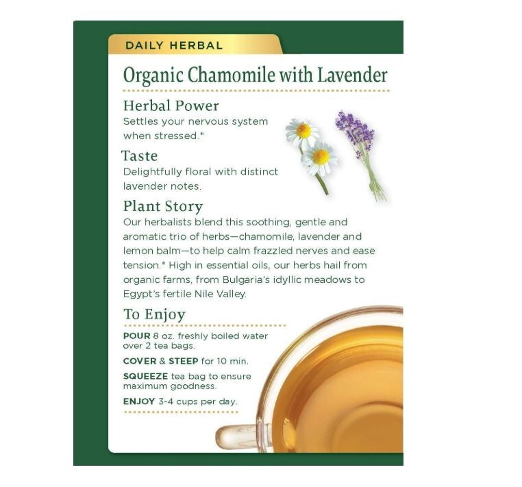 Traditional Medicinals Organic Chamomile & Lavender Tea 16 Wrapped bags Exp 1/27