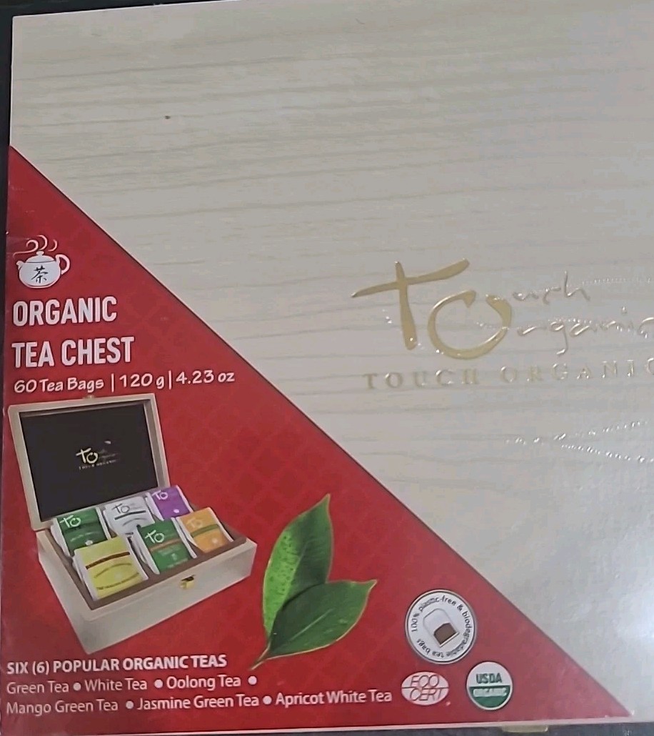 TOUCH ORGANIC ORGANIC WOODEN TEA CHEST 60 ASSORTED BIODEGRADABLE TEABAGS. SEALED