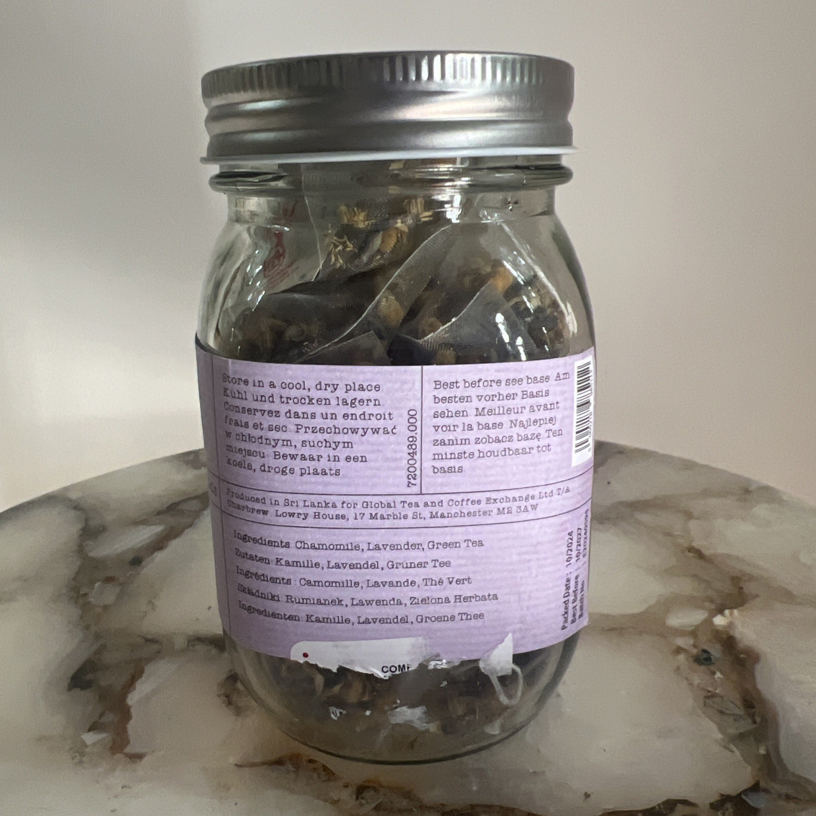 Charbrew Chamomile Lavender Herbal Tea 20 Bio Pyramids Glass Mason Jar 30g 10/27