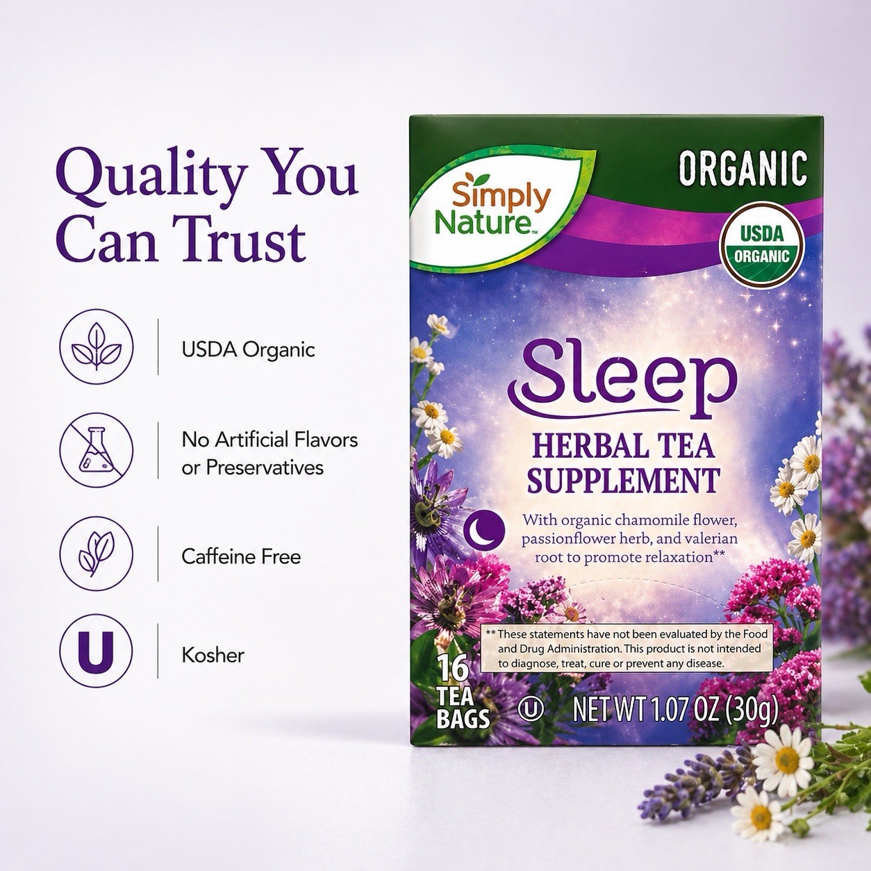 Organic Sleep Tea Chamomile Valerian Root Herbal Blend Nighttime Relaxation 16Ct
