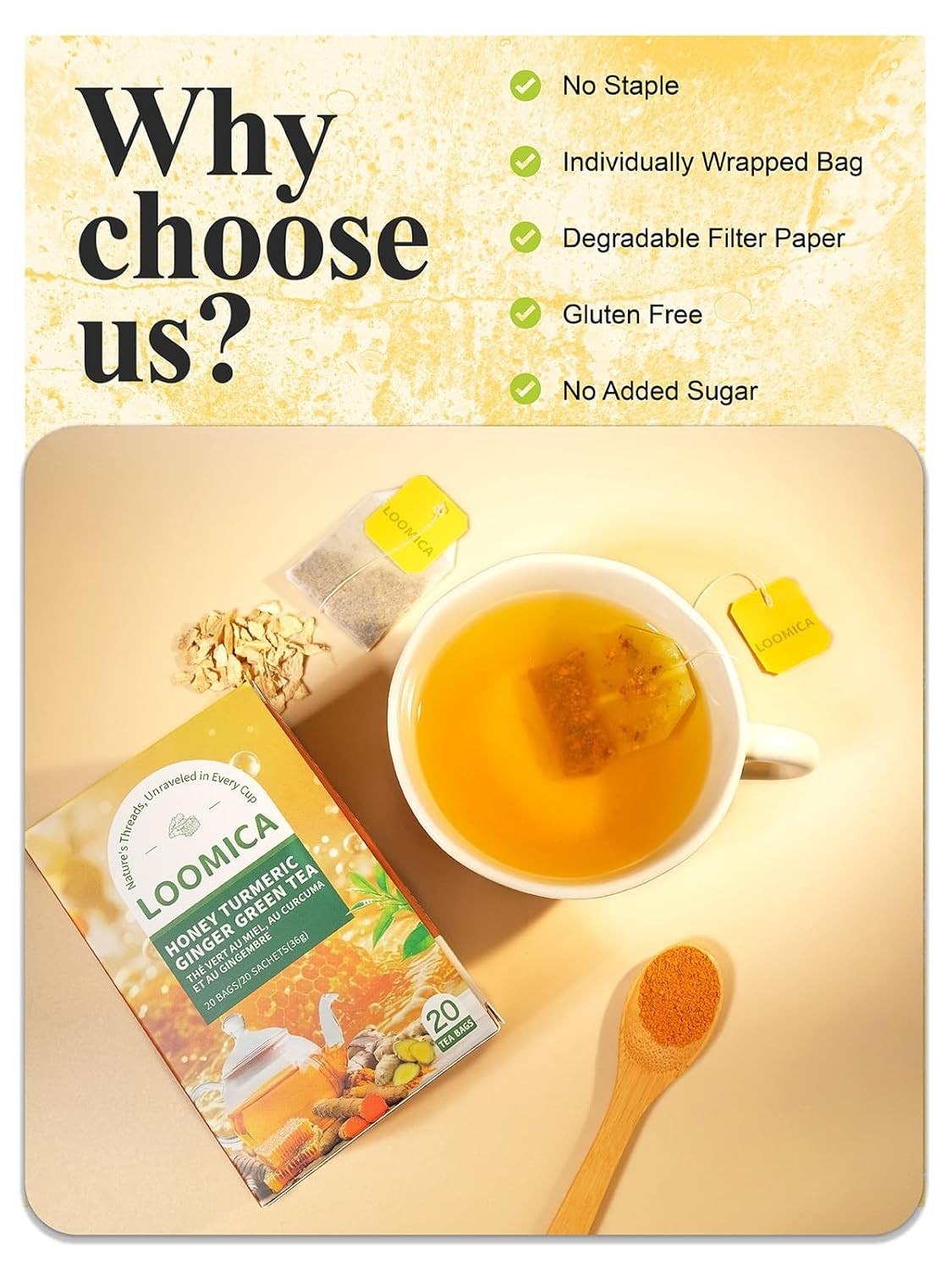 LOOMICA Honey Turmeric Ginger Green Tea, Naturally Caffeinated, Smooth Green Tea