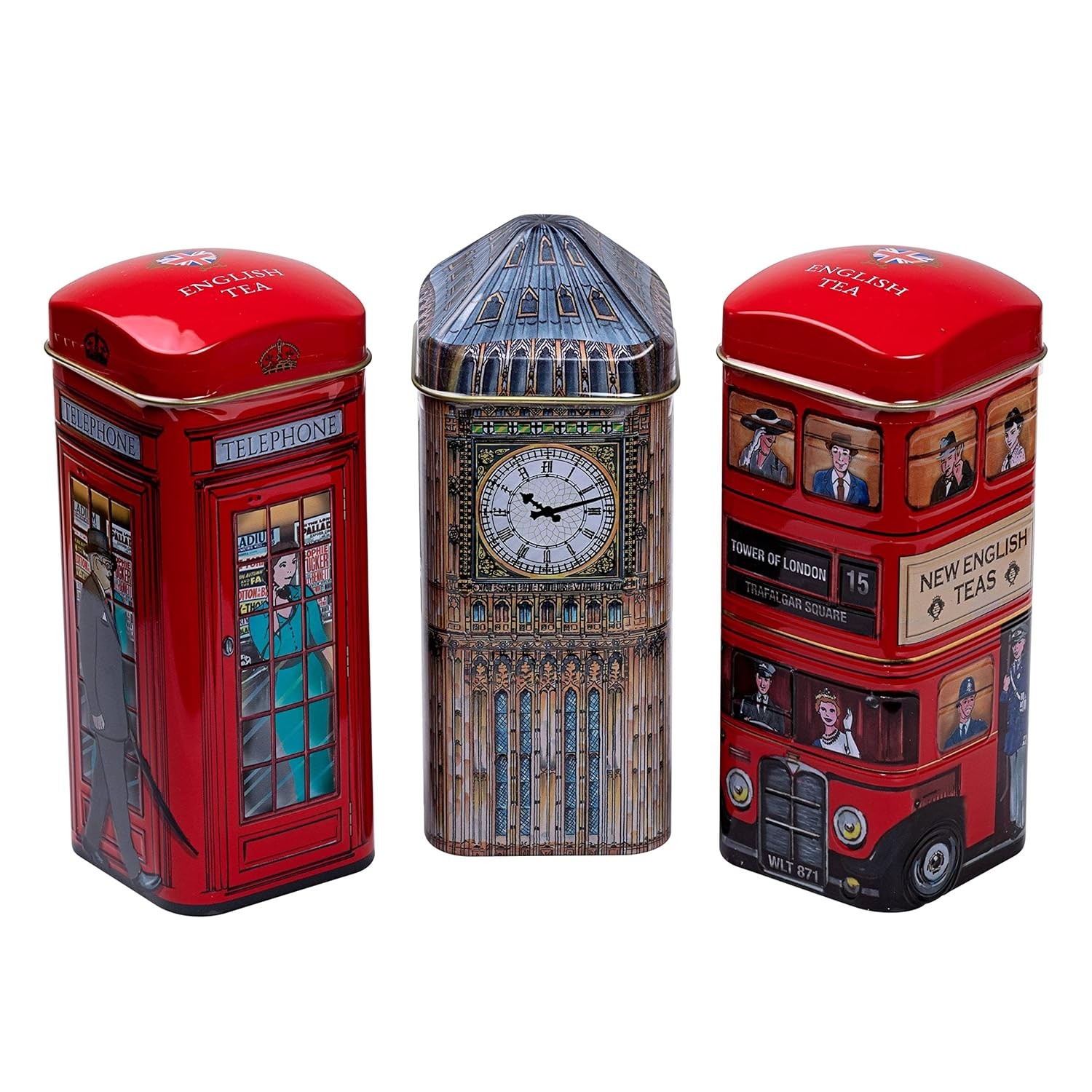 British Heritage 3x Tea Tins with 42 English Teabags (Big Ben, Red London…