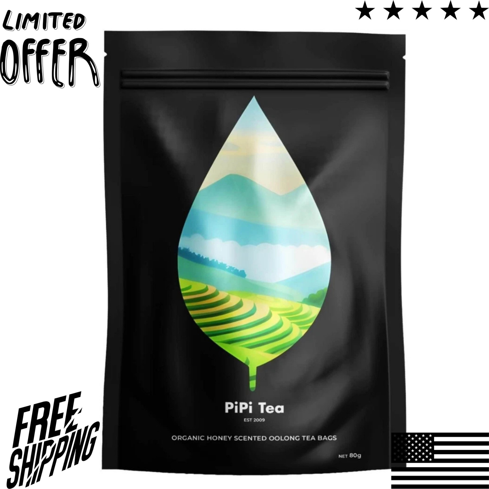 PiPi Tea Organic Oolong Tea Bags – Whole Leaf, 20 Bags (4g Each) – Cortisol & Ca