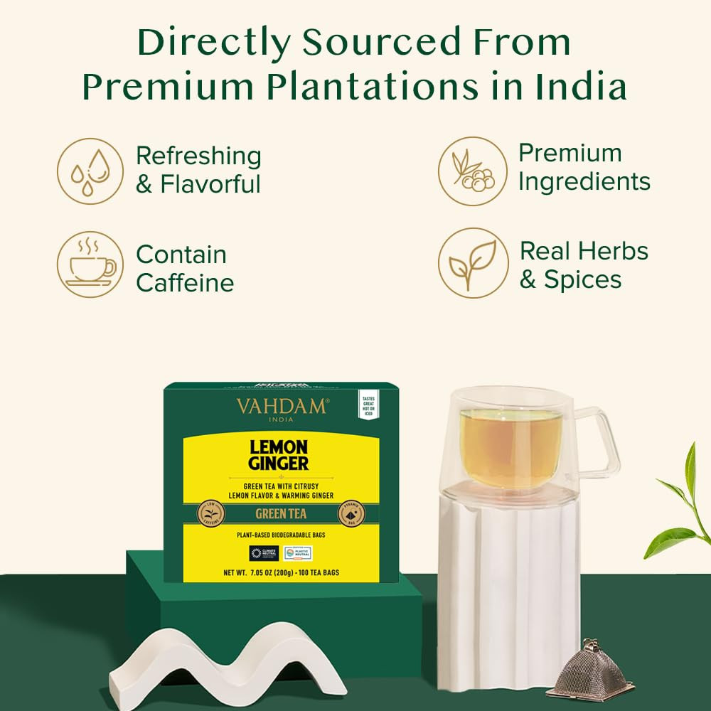 , Lemon Ginger Tea Bags (100 Green Tea Bags) Low Caffeine | Fruity Flavor – Zest