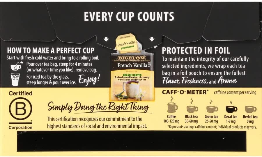 BIGELOW FRENCH VANILLA BLACK TEA DECAFFEINATED 20 Count Bags KOSHER NON-GMO