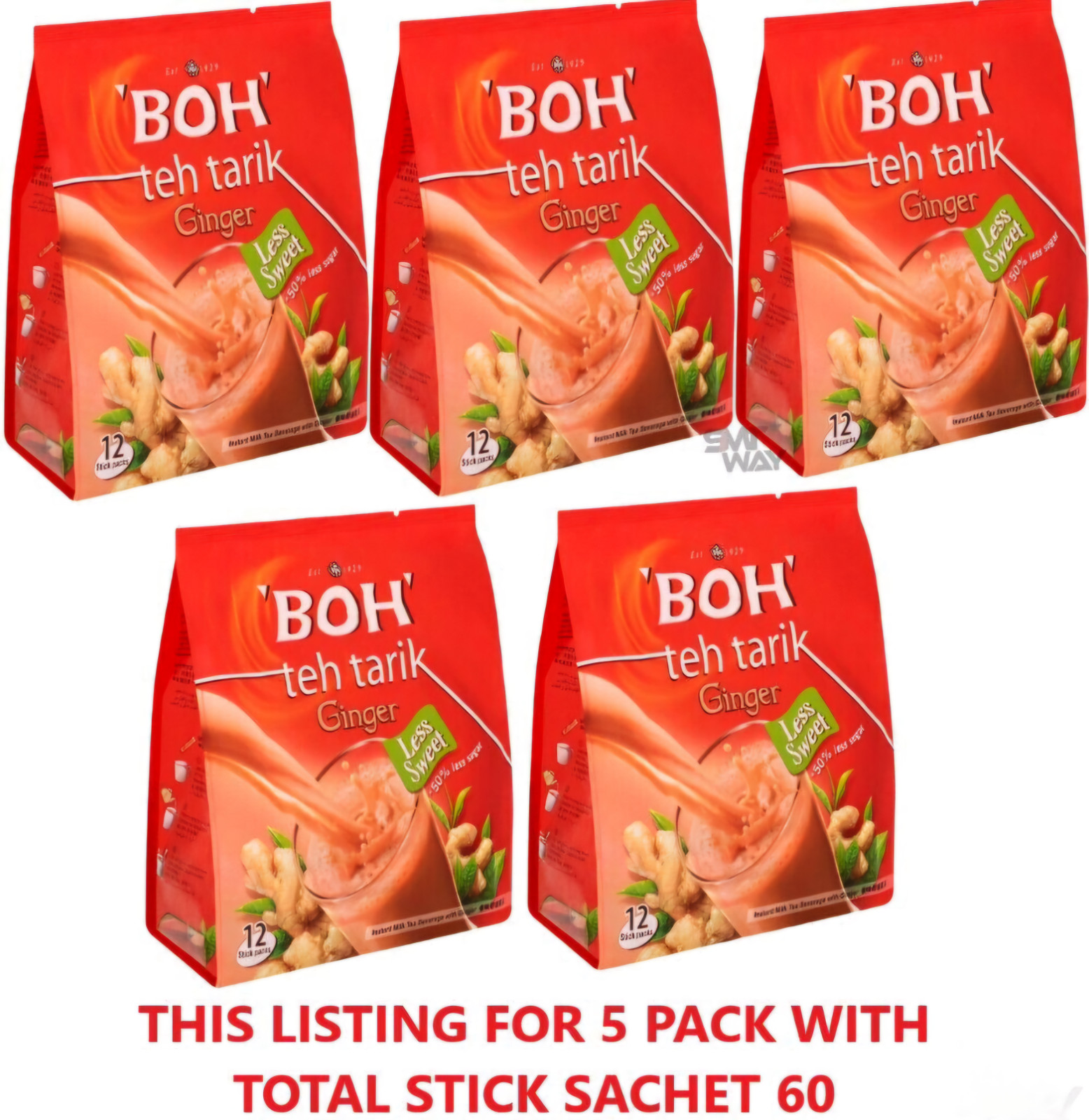 5 Packs (60 Sticks x 26g) BOH Teh Tarik INSTANT GINGER MILK TEA Drink Beverage