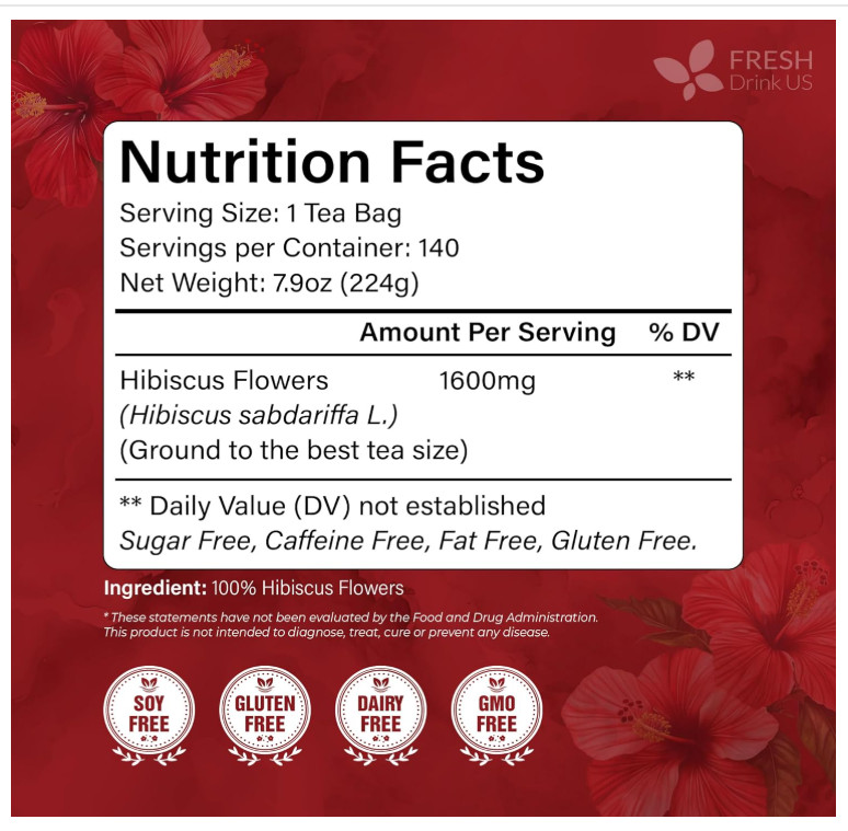 , Premium 140 Hibiscus Flowers Tea Bags, 100% Natural, Handmade & Pure from Hibi