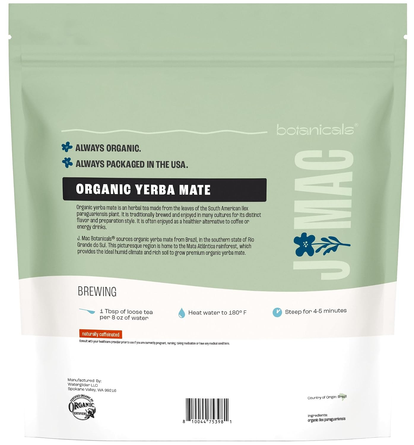 J Mac Botanicals Organic Yerba Mate Loose Leaf Tea, Unsmoked Natural Energy Herb