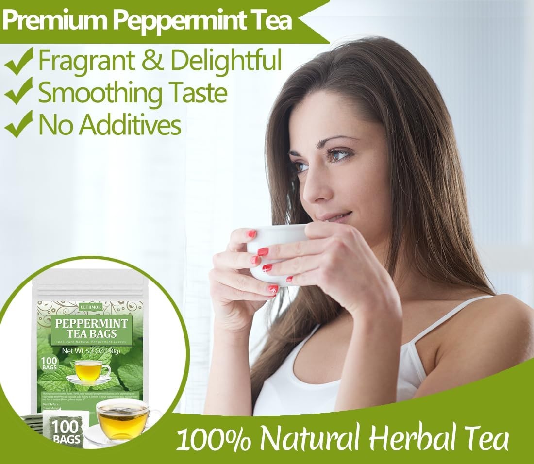 Peppermint Tea Bags, 100 Natural, Caffeine Free – 100 Bags Free Shipping