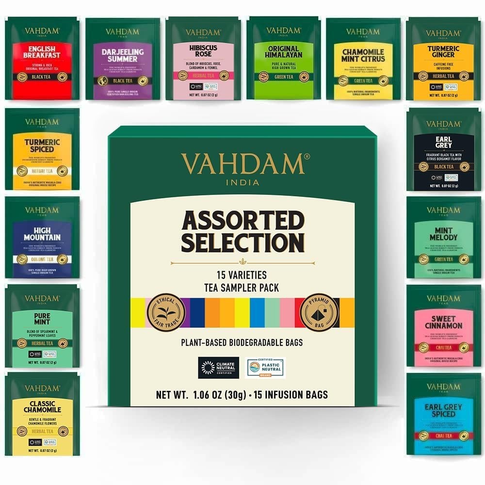 Assorted Tea Sampler 15 Different Variety in Individually Wrapped Pyramid Tea…