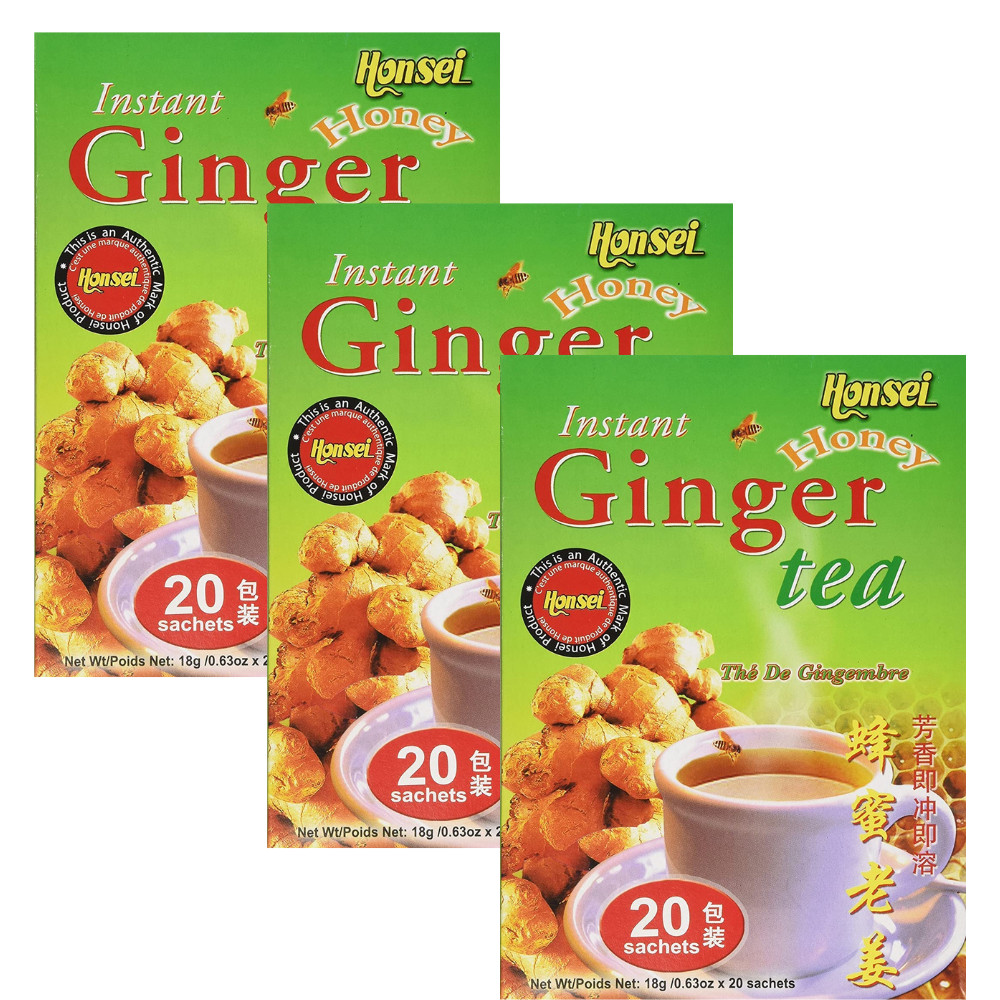Honsei Instant Ginger Honey Tea, 18 g/0.63 oz., 20 Sachets Each Box – 3 PACK