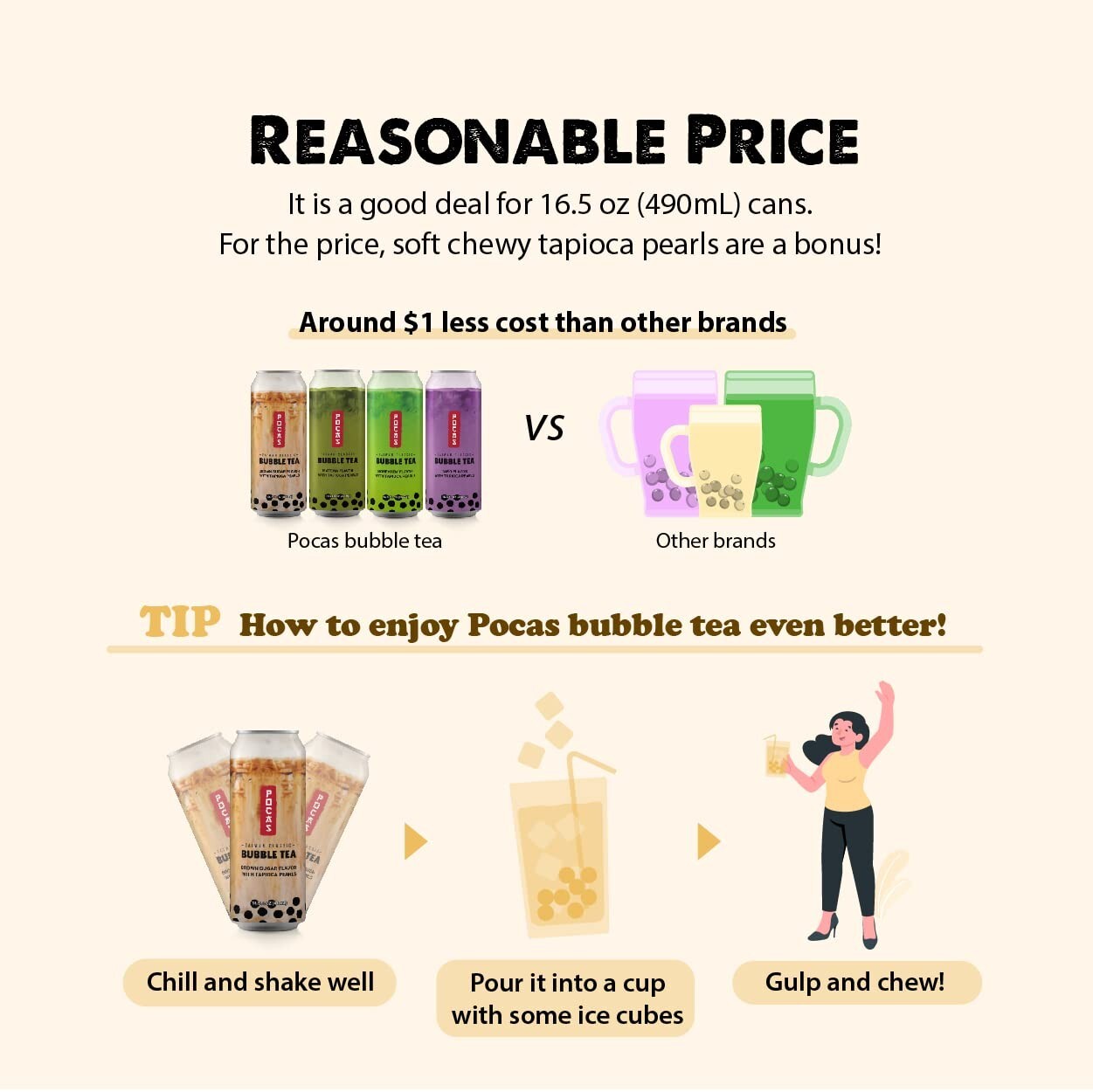 Pocas Bubble Tea with Tapioca Pearls, Variety Pack 8 can(16.5oz) BOBA TEA