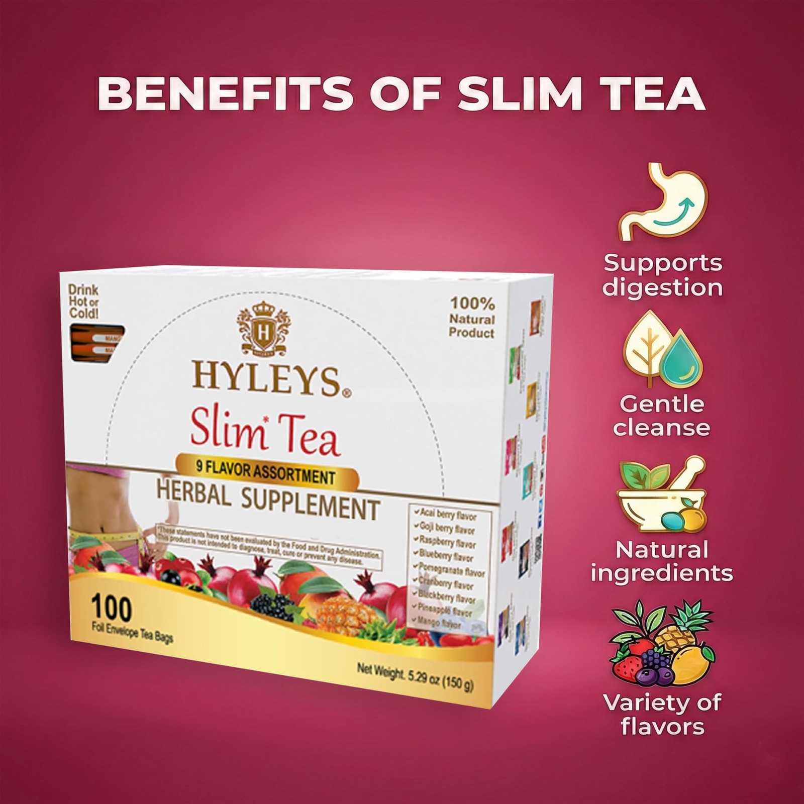HYLEYS Slim Tea 9 Flavor Assortment 100 Ct – 100 Count (Pack of 1), Assorted