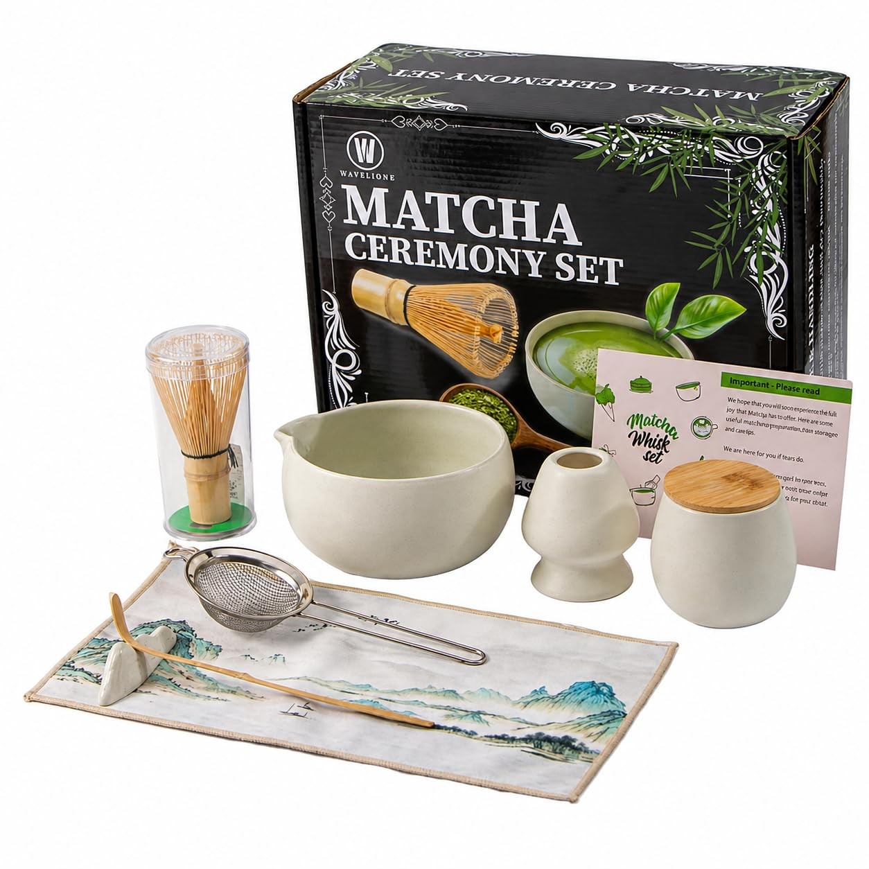 Matcha Whisk Set | 8PCS Ceramic Matcha Kit (White) with Bowl, Bamboo Whisk (C