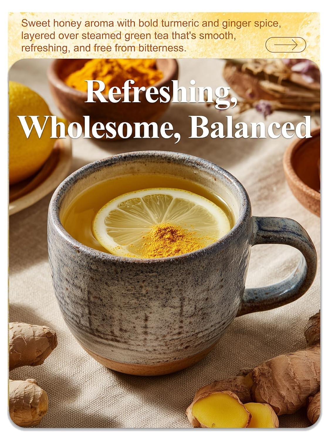 LOOMICA Honey Turmeric Ginger Green Tea, Naturally Caffeinated, Smooth Green Tea