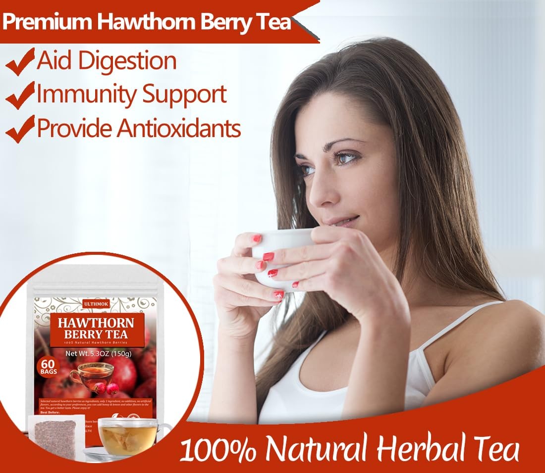 Premium 60 Hawthorn Berry Tea Bags, Made with 100% Natural Hawthorn Berries, Aid