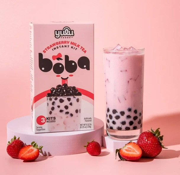 Yulu Foods Instant Boba Strawberry Milk Tea, Bubble Tea Kit, 3 Drinks