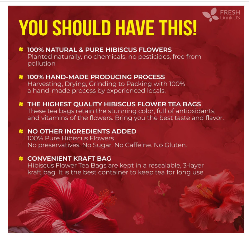 , Premium 140 Hibiscus Flowers Tea Bags, 100% Natural, Handmade & Pure from Hibi