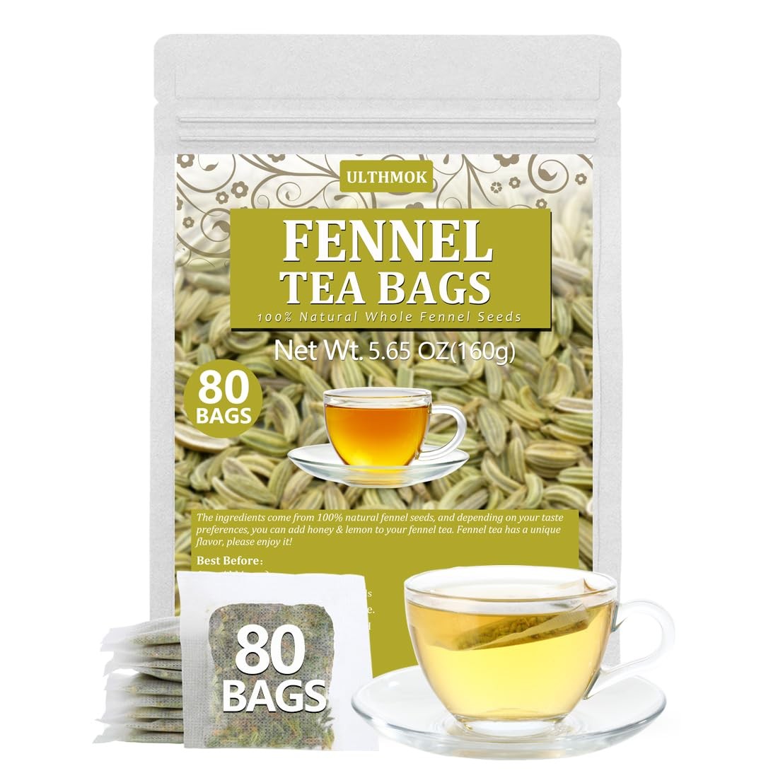 Premium Fennel Tea Bags, 80 Tea Bags. Made with Natural Whole Fennel Seeds,