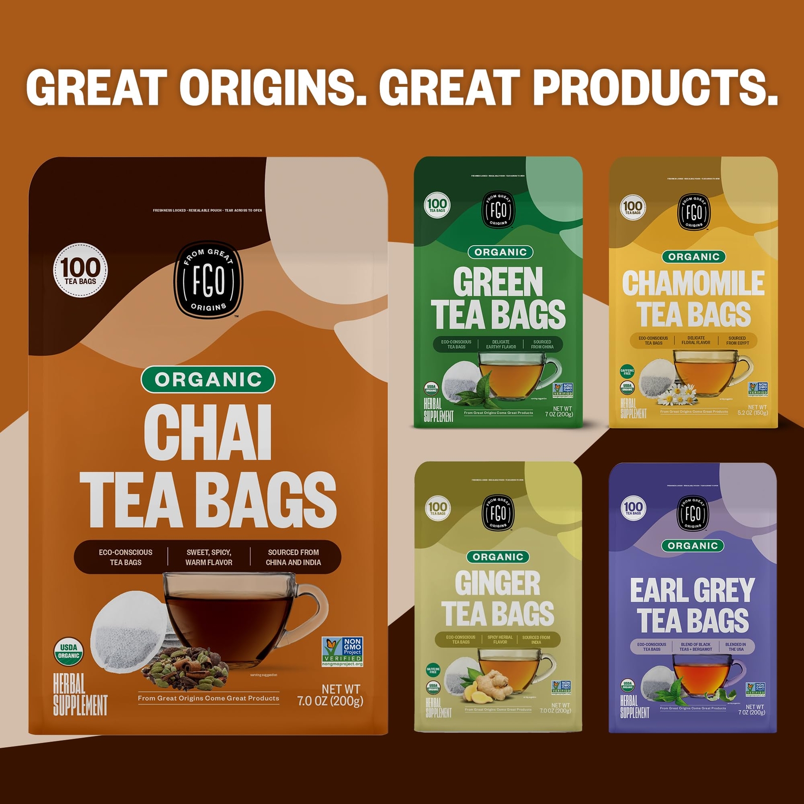 FGO Organic Chai Tea Eco-Conscious Tea Bags 100 Count Packaging May Vary Pack…