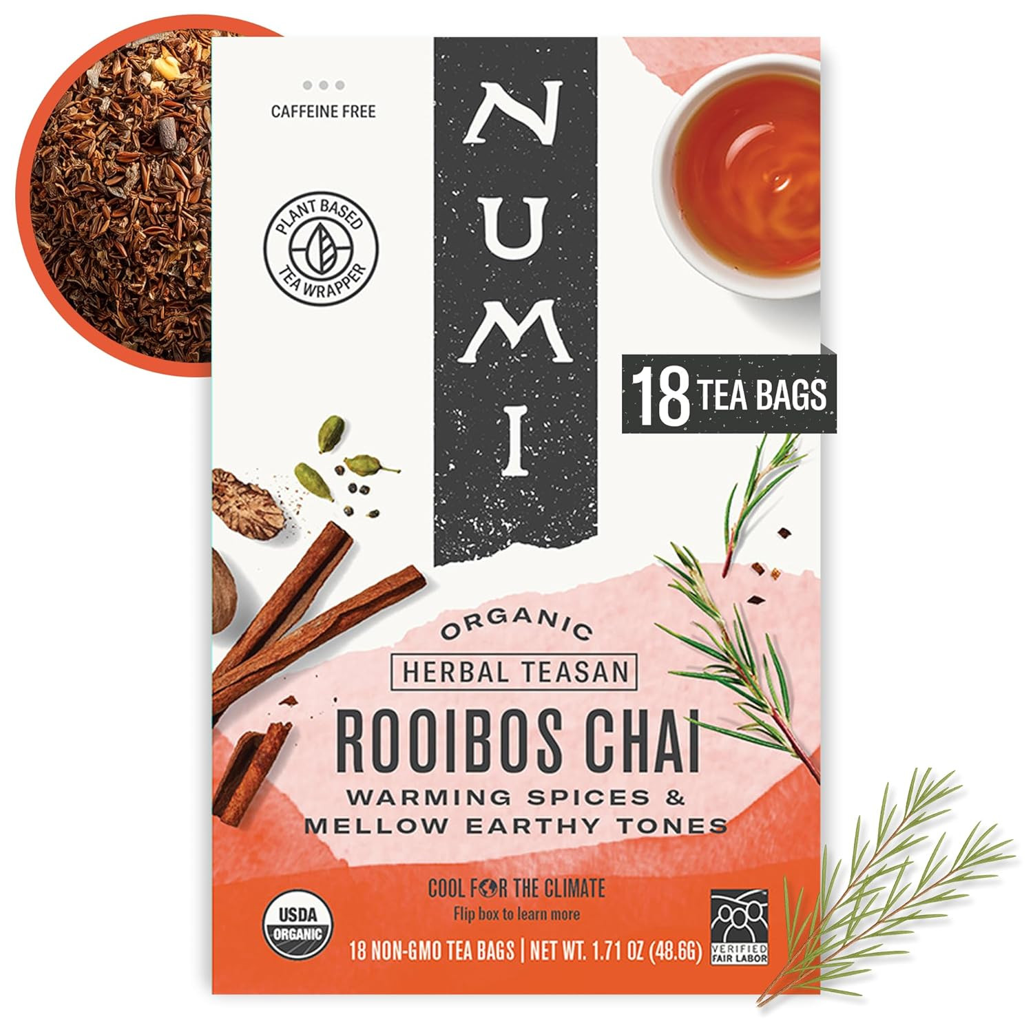 Numi Organic Rooibos Chai Tea, 100 Tea Bags, Herbal Red Tea with Cinnamon, Allsp