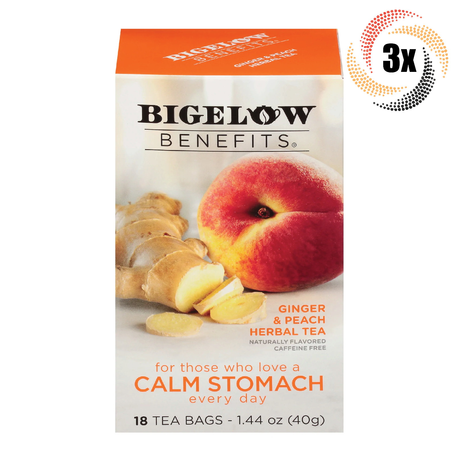 3x Boxes Bigelow Benefits Calm Ginger & Peach Tea | 18 Tea Bags Each | 1.06oz