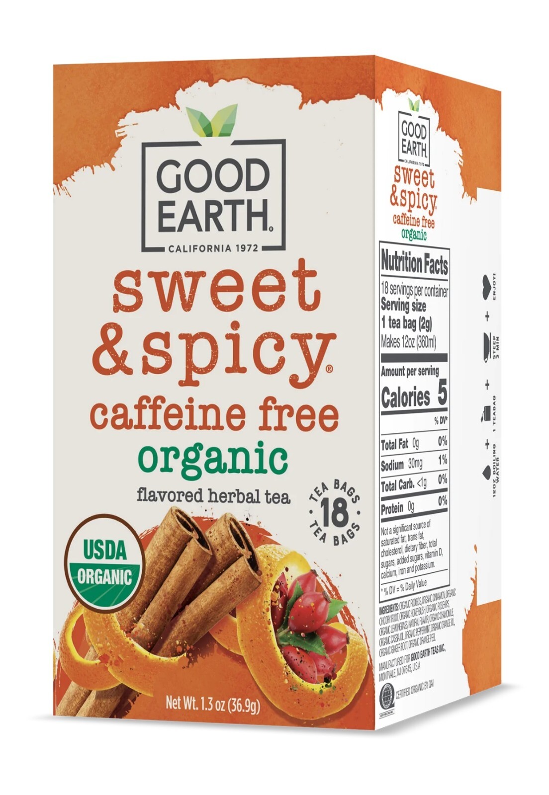 Good Earth Teas Organic Sweet and Spicy Caffeine Free Herbal 18 Count (4 Pack)