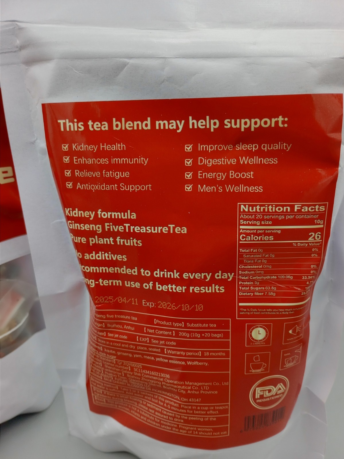 Ginseng Treasure Tea Herbal Blend – 200g (20 Bags x 2 Package) Exp 10/2026