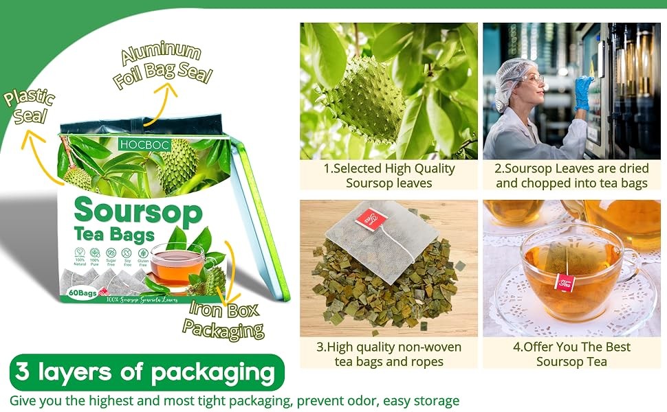 60 Pure Soursop Leaves Tea Bags, Real Natural Soursop Graviola Leaves Teabag,