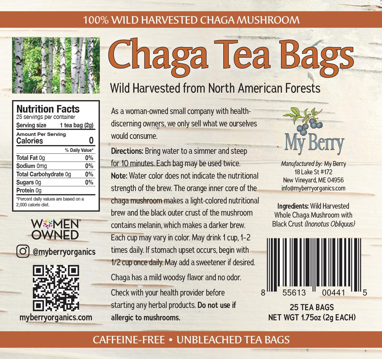 Chaga Tea Bags by | 100% Canadian Wild-Harvested- NEVER Siberian | 100% Additiv