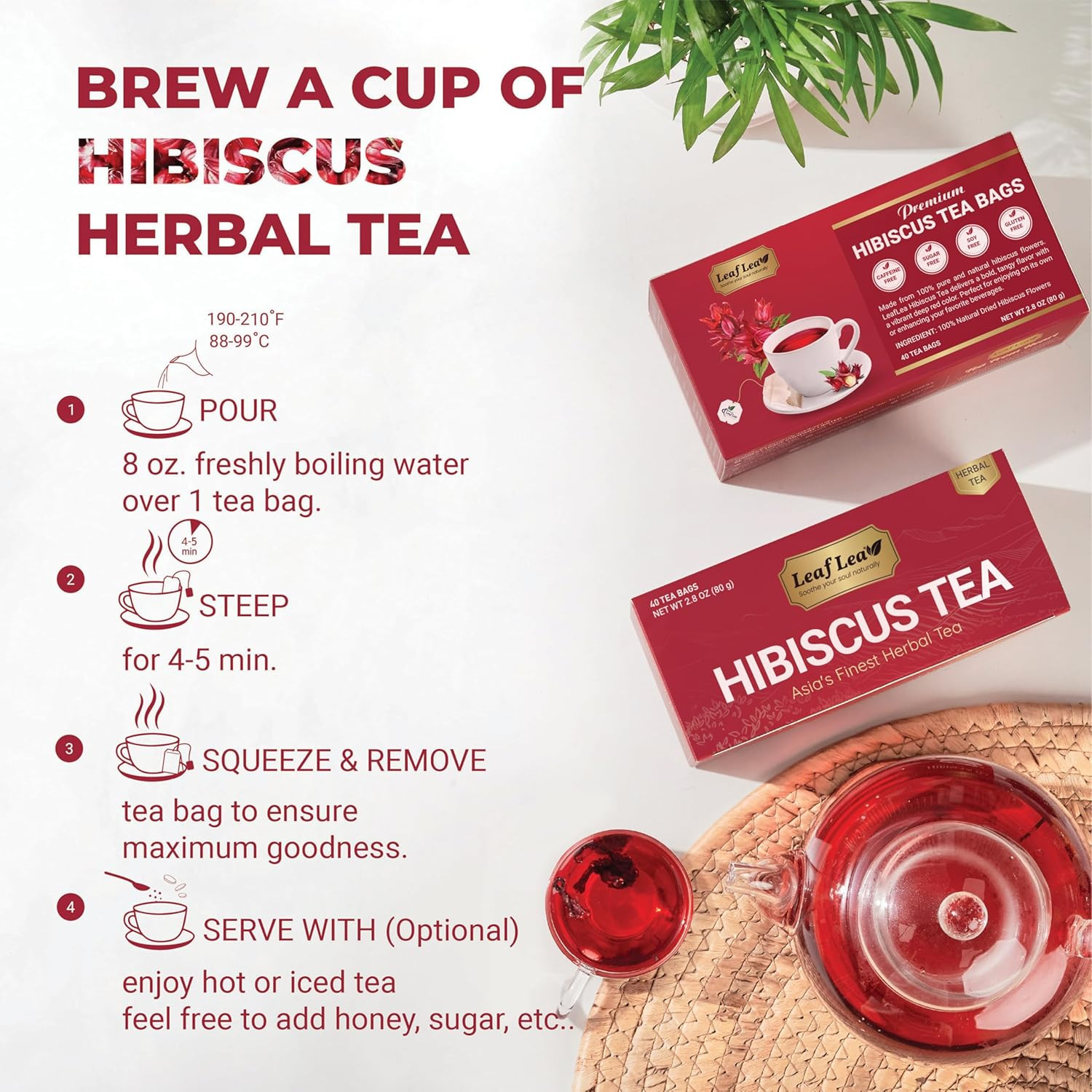 40 Premium Natural Hibiscus Tea Bags, 100% Pure from Hibiscus Flowers, Caffeine-