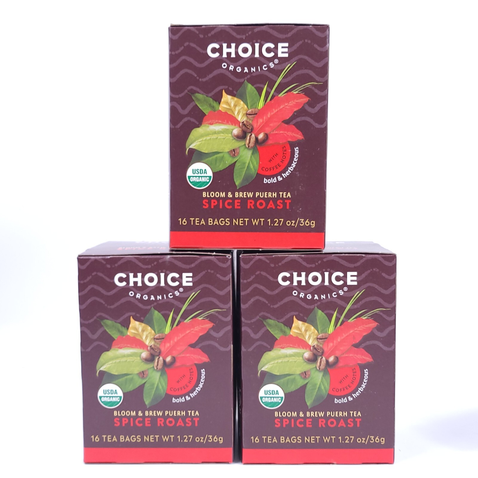 (3x) Choice Organics SPICE ROAST Pu-erh Tea 1.27oz 16 Bags EA 48 Total 08/2025