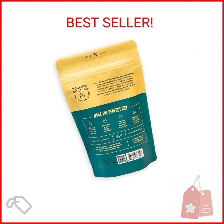 Kolkata Chai Signature Masala Chai mix, 100% Organic Black Tea, Makes 20 cups, P